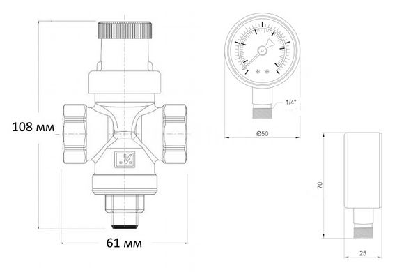 Редуктор давления воды с манометром 1 - 4 бар 3/4" Malgorani Minibrass 109