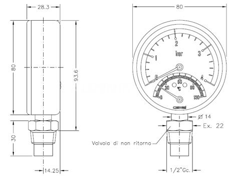 Термоманометр радиальный Cewal TRR 80 VI 0-6 bar 0...120°C