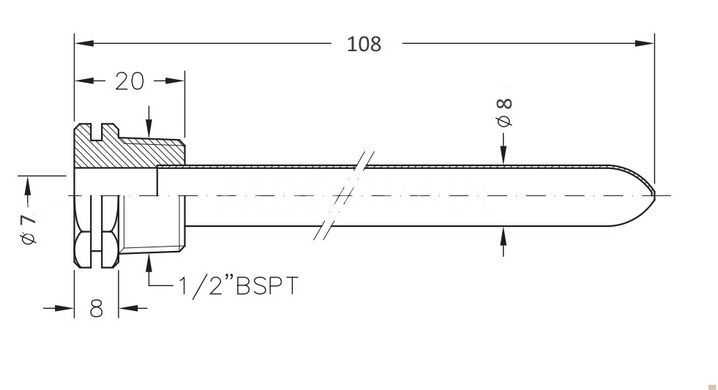Занурювальна гільза для датчика температури 1/2" Ø7 мм L-108 мм