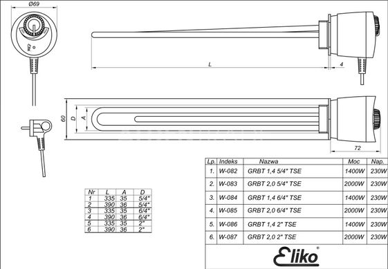 ТЭН с терморегулятором Eliko W085 GRBT 2 кВт 6/4