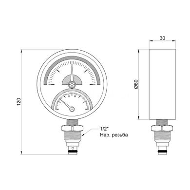Термоманометр с нижним подключением SD1724B Ø80мм 0-4 Bar 0-120°C