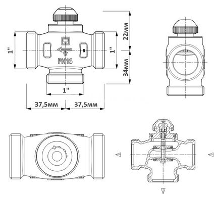 Трехходовой распределительный клапан с гайками Herz Calis TS RD 3/4" DN20