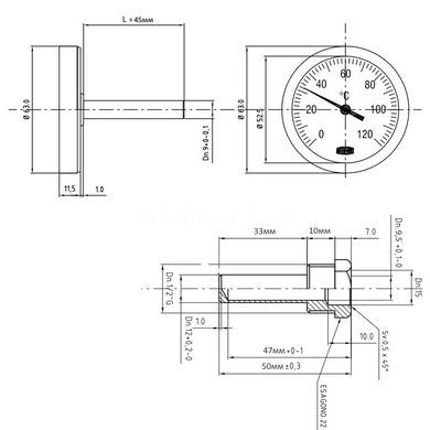 Термометр біметалевий з гільзою Ø63 0...120°C L-50мм Arthermo AR-T