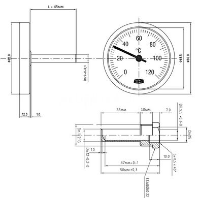 Термометр биметаллический с гильзой Arthermo Ø80 0...120°C L-50мм