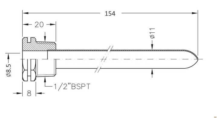 Гильза медная погружная для датчика температуры 1/2" Ø8,5 мм L-154 мм